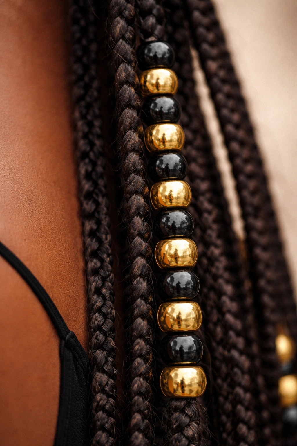 Fulani braid with alternating gold and black beads along its length