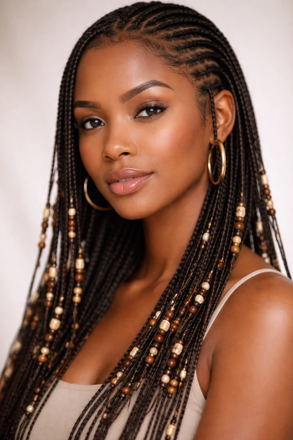Close-up of lightweight crochet Fulani braids with beads along the length