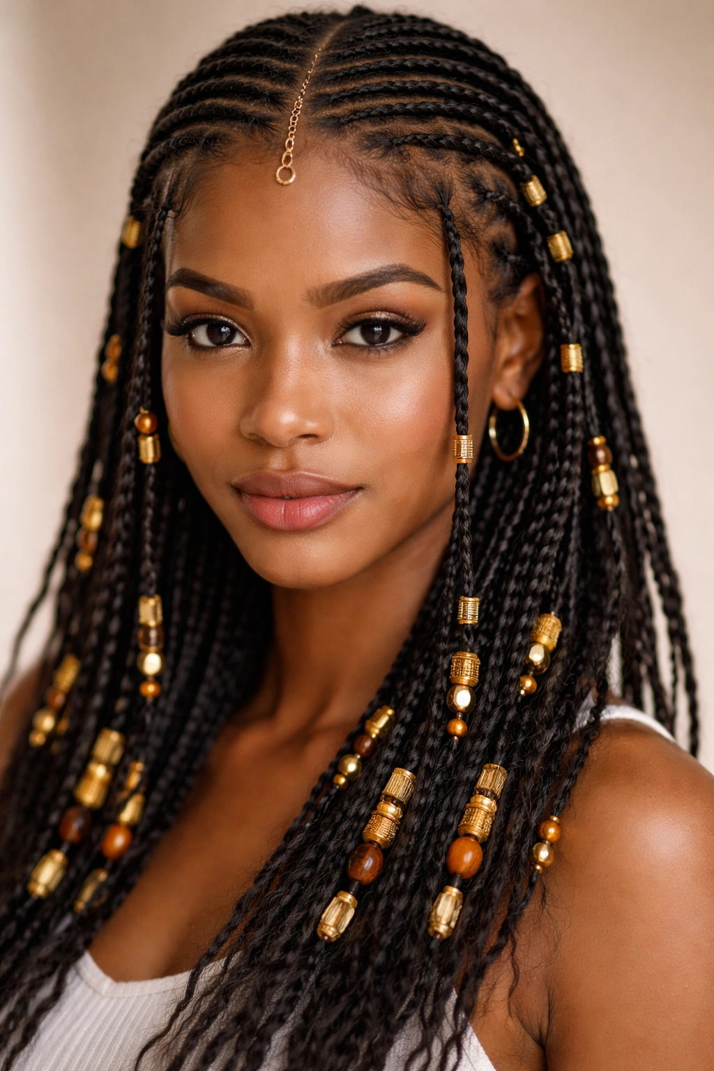 Close-up of Fulani braids with beads and gold cuffs forming dense fullness