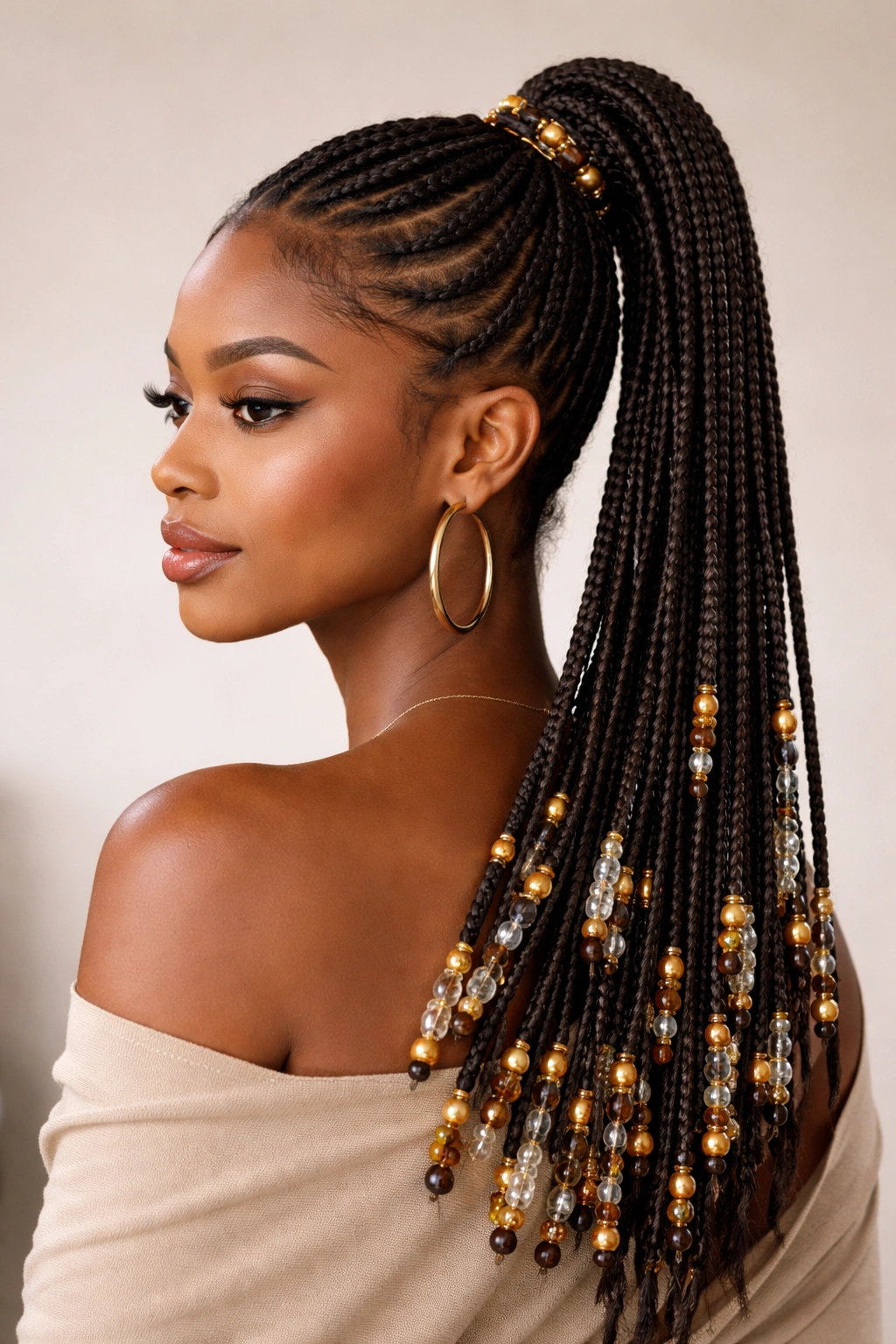 Fulani braids with beads in a high ponytail