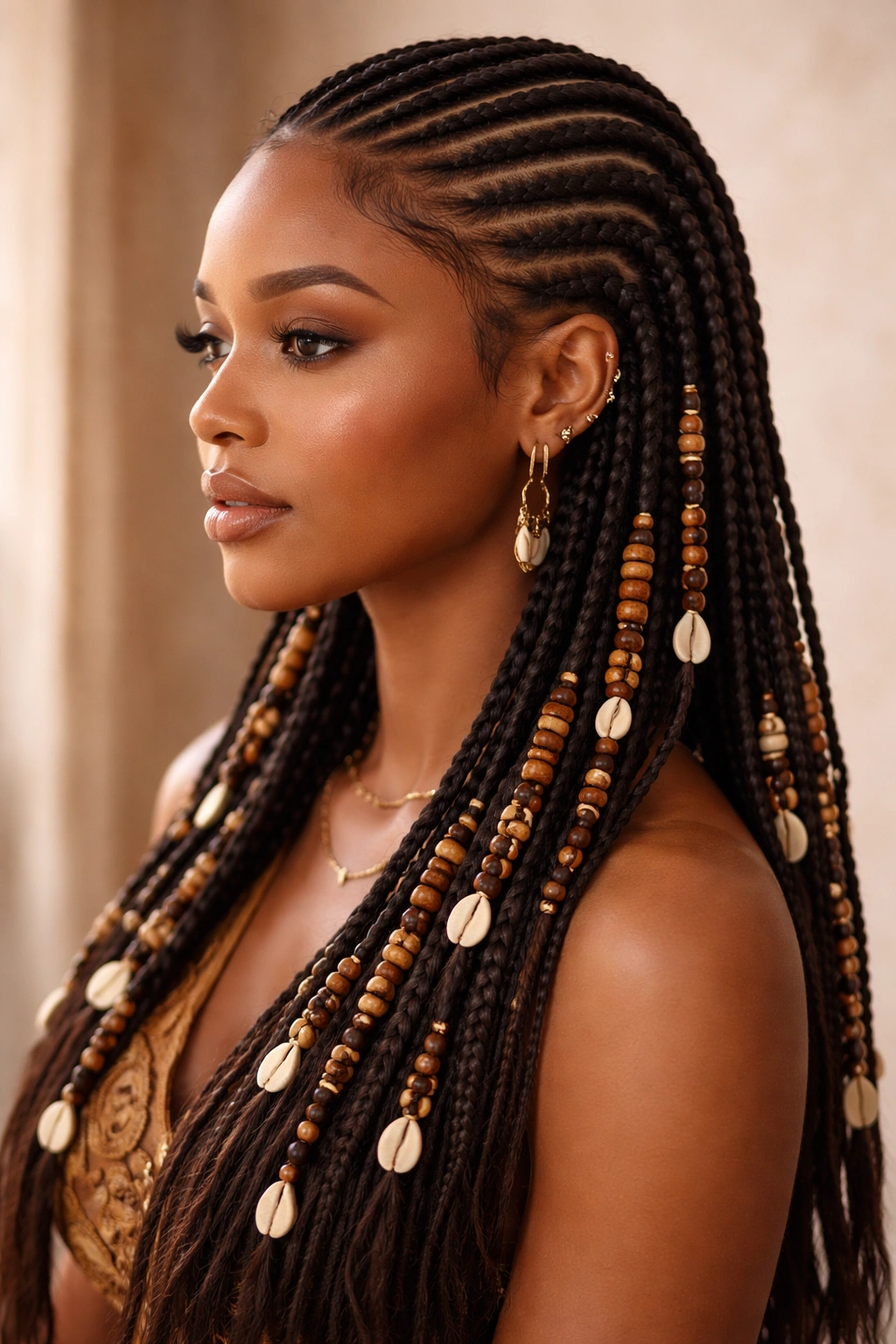 Fulani braids with tribal beads and shells woven along the length