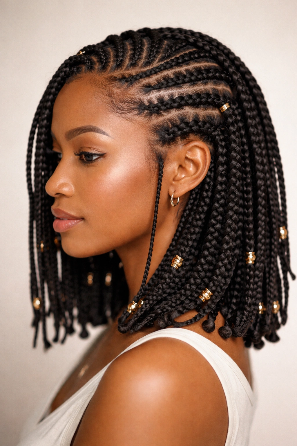 Hybrid Fulani cornrows and box braids on short hair with smooth transition.