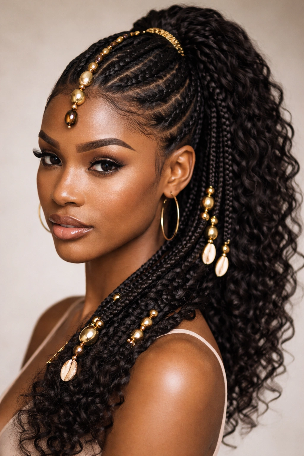 Fulani braids with beads forming a central focal braid in a faux ponytail