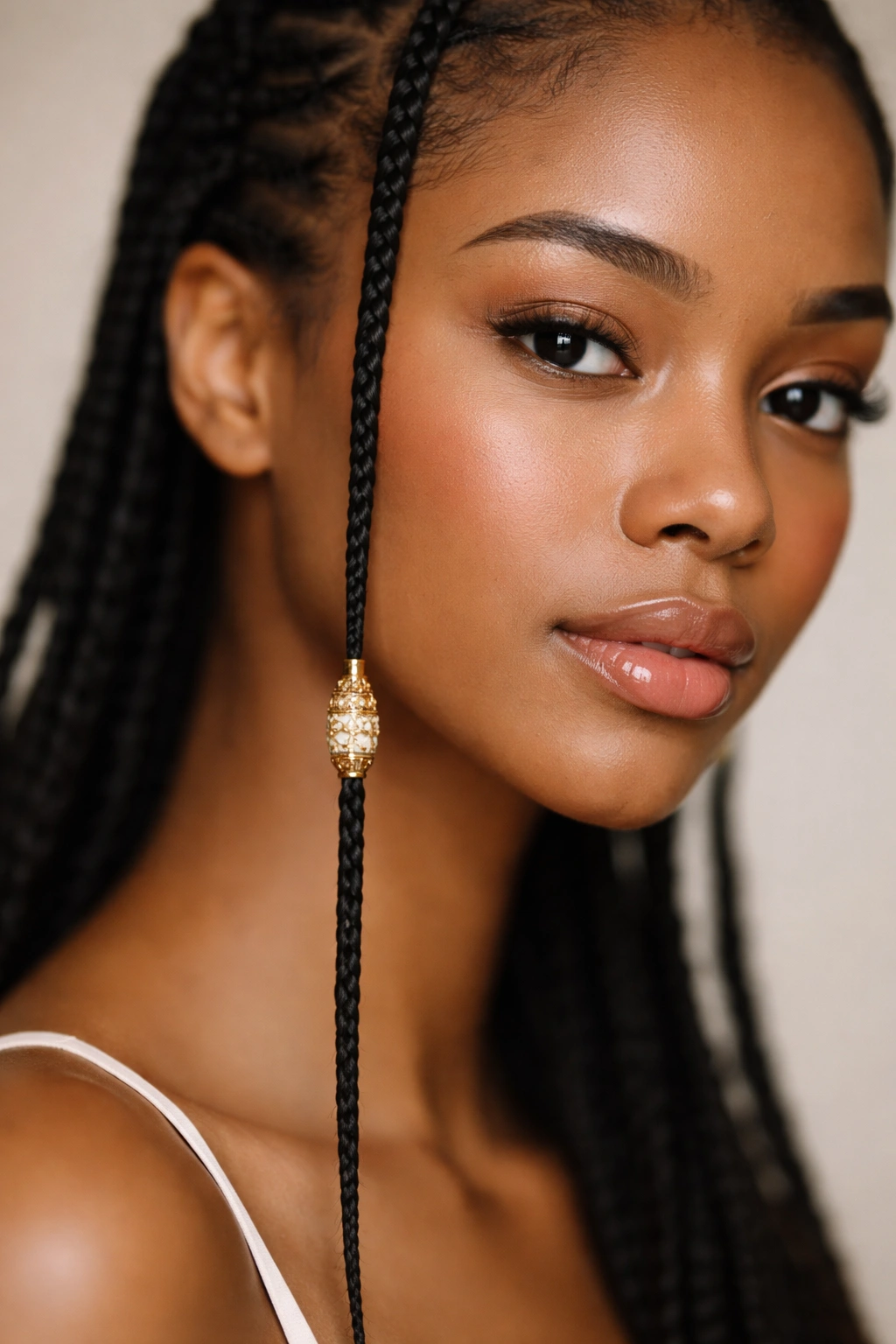 Close-up of a Fulani braid featuring a single prominent bead on one strand