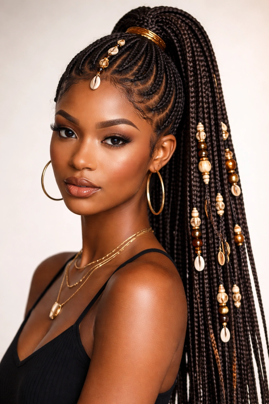 Fulani braid ponytail with beads and shells forming a high ponytail