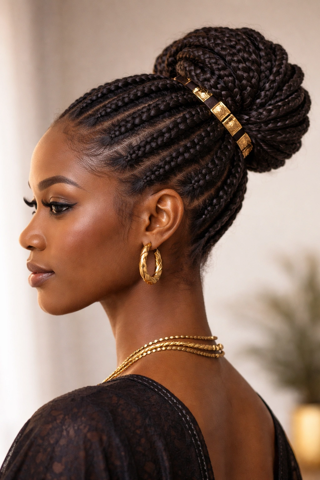 Close-up of a single high bun formed from Fulani braids with base cuffs