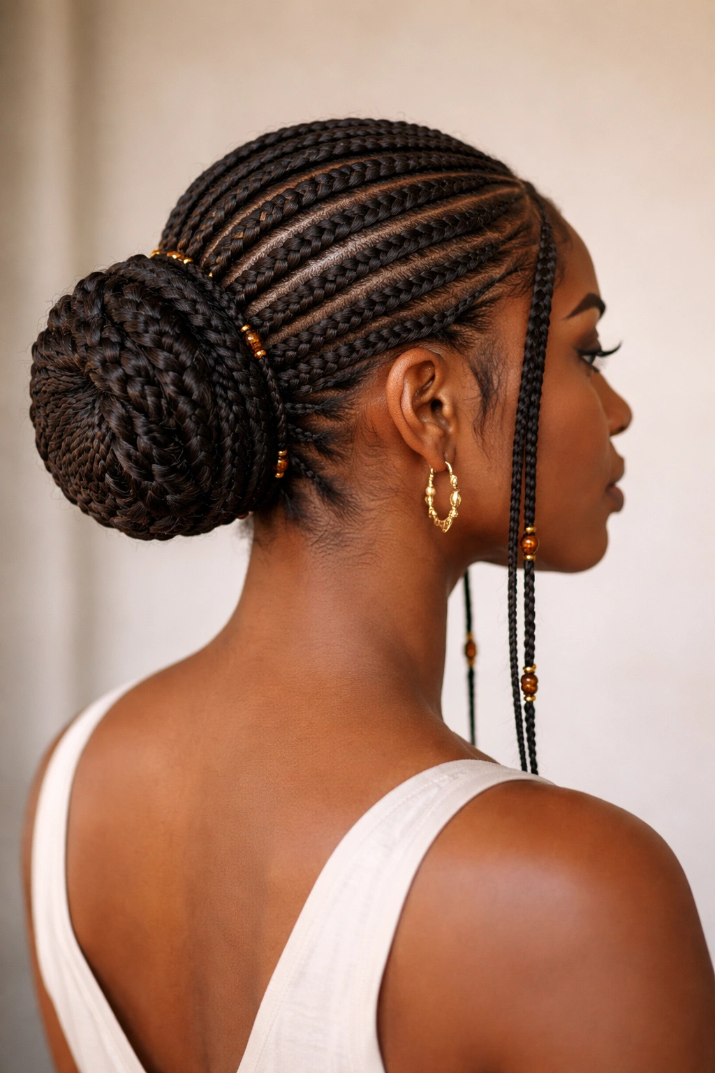 Fulani braided bun updo at the nape of the neck