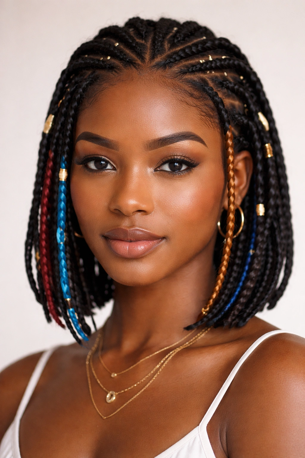 Close-up of short natural Fulani braids with colored accents framing the face
