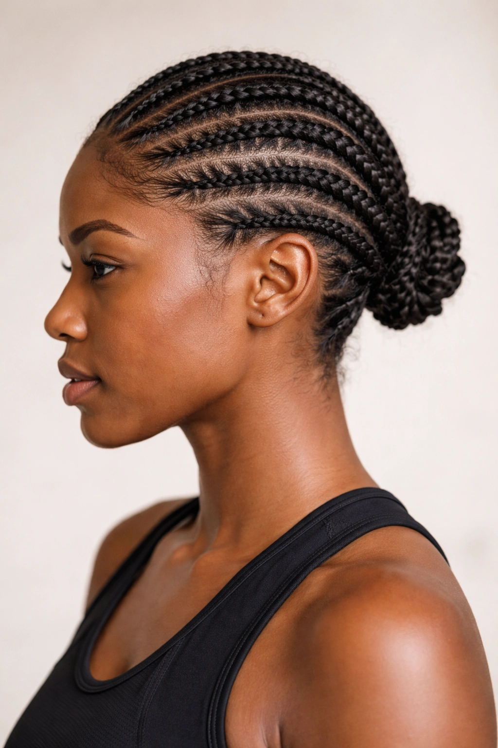 Close-up of tight, low-maintenance Fulani braids on short natural hair