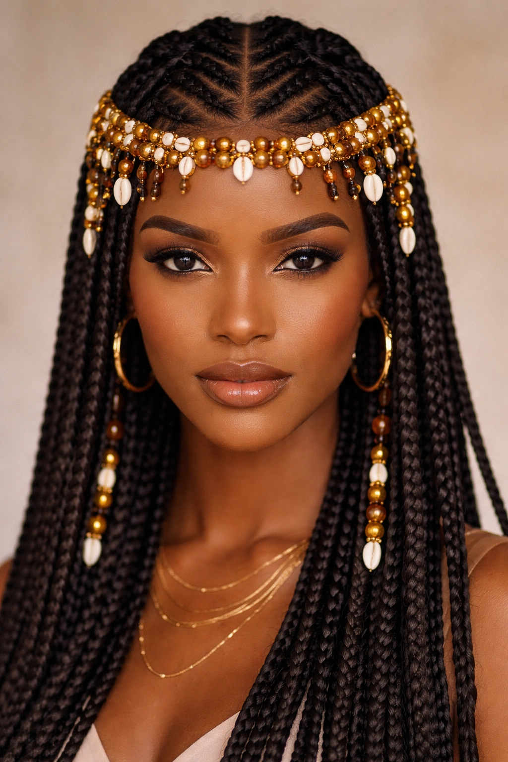 Beaded crown detail on Fulani braids along the hairline