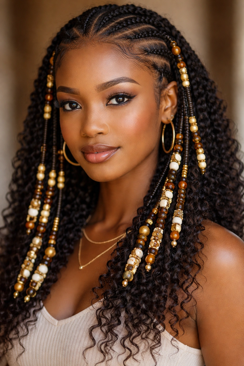 Fulani braids with beads threaded along the length
