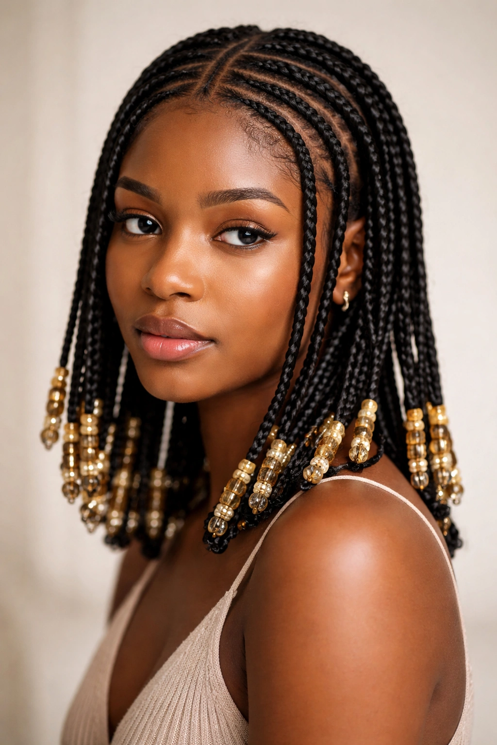 Fulani braids with beaded ends highlighting tips and cuffs.