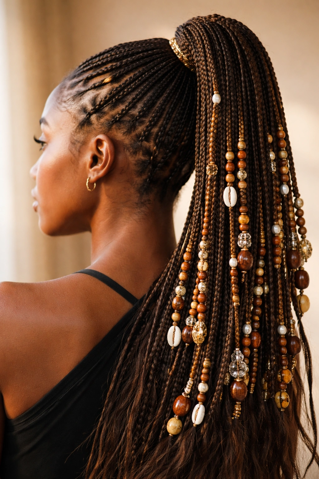 Close-up of Fulani braids with beaded extensions in a high ponytail.