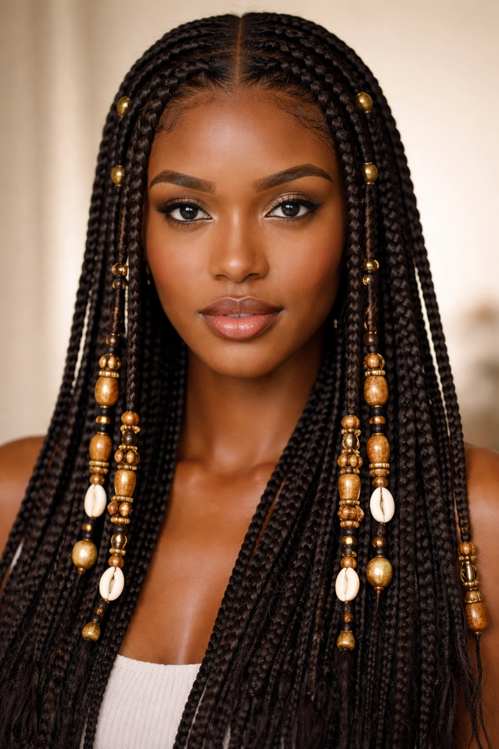Fulani braids center part with beads on 4C hair