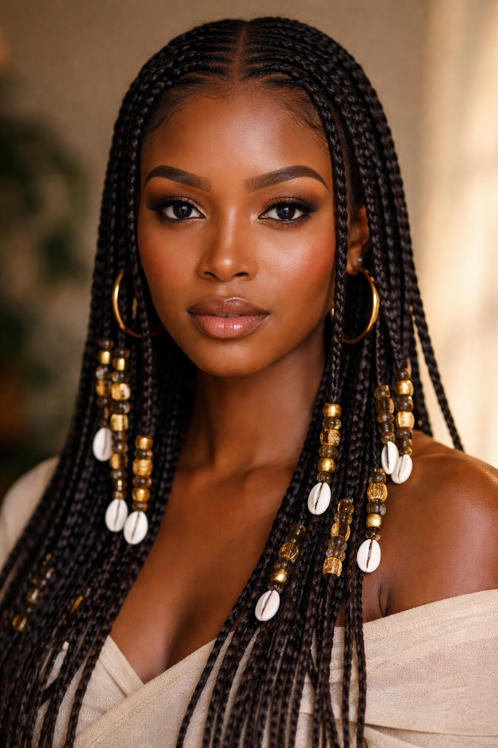 Fulani braids with beaded details framing the face in a center-part cornrow style