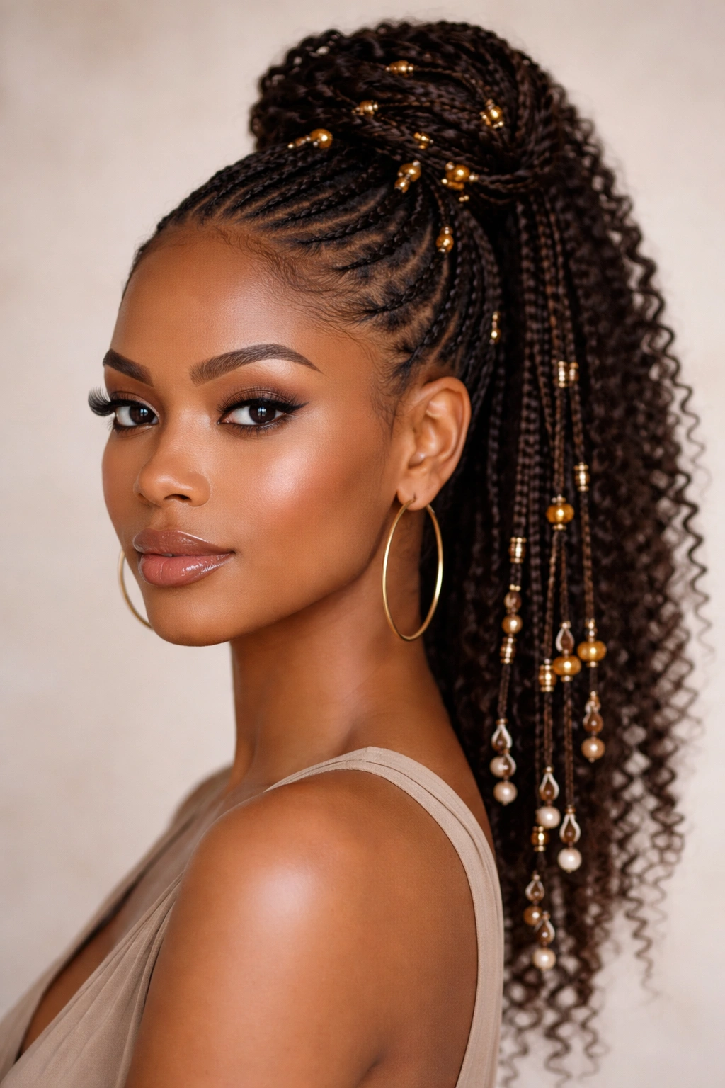 Close-up of thin Fulani braids with beads gathered into high ponytail