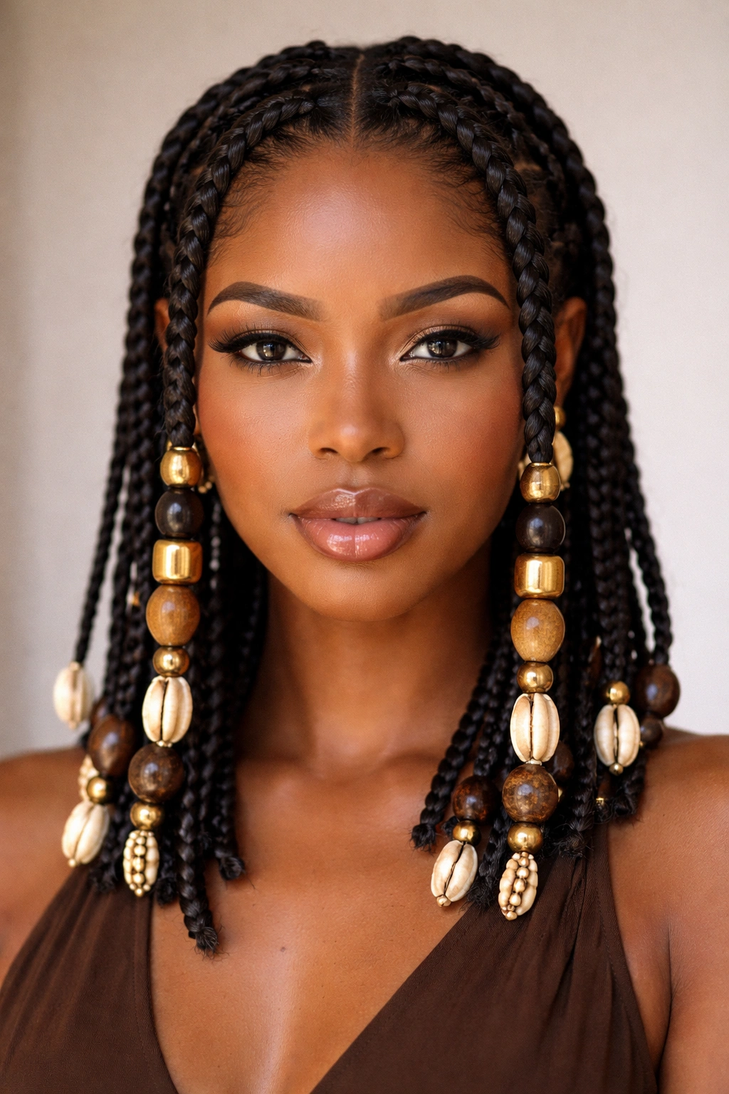 Close-up of front-facing Fulani braids with large decorative beads framing the face on short hair