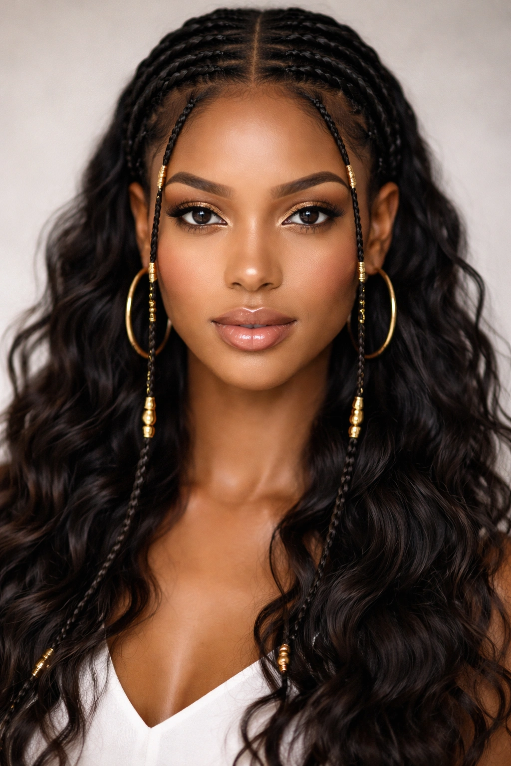 Close-up of classic Fulani braids with center part on wavy hair with gold beads