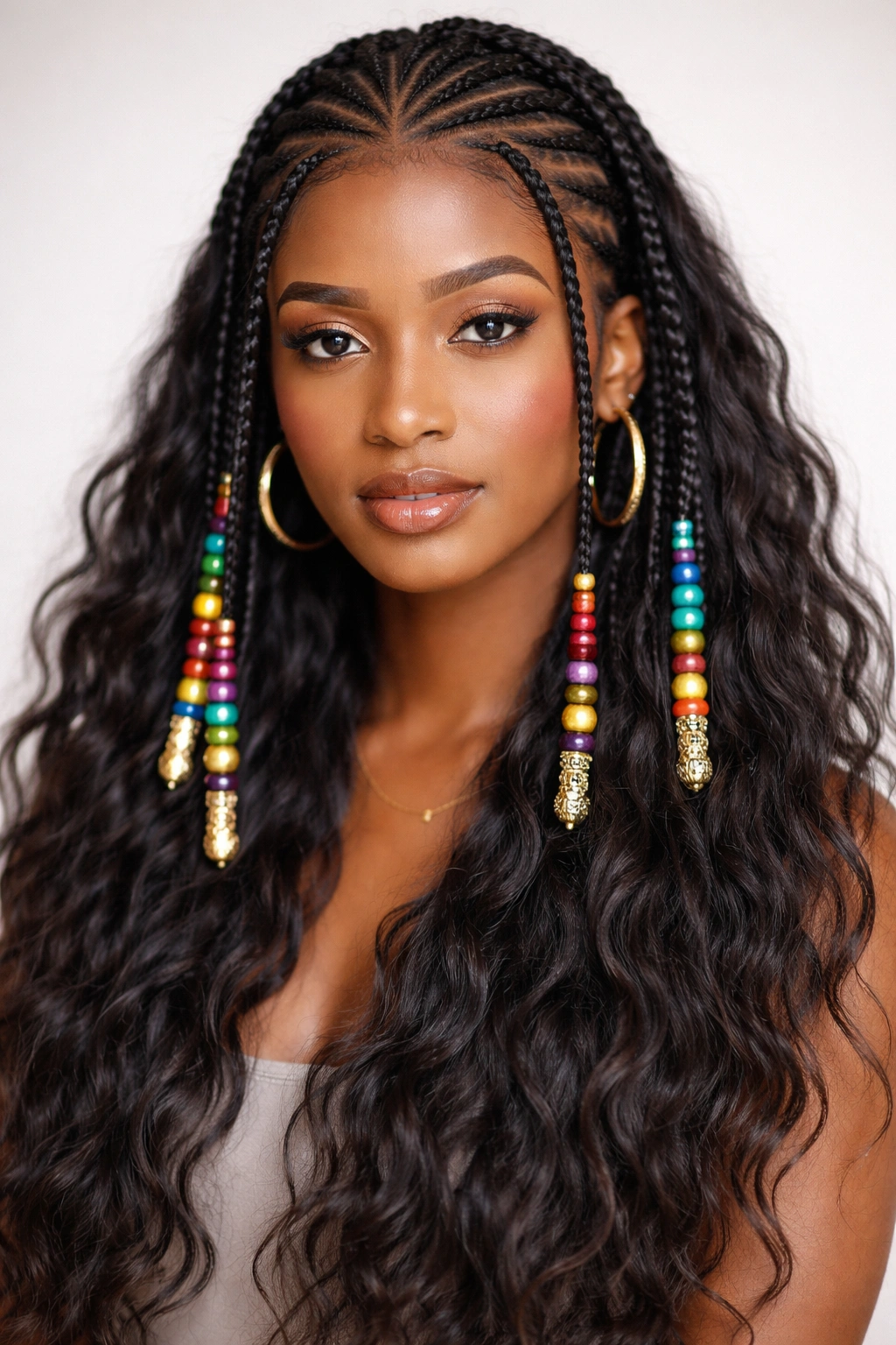 Front-facing view of Fulani braids with colorful beads and natural waves