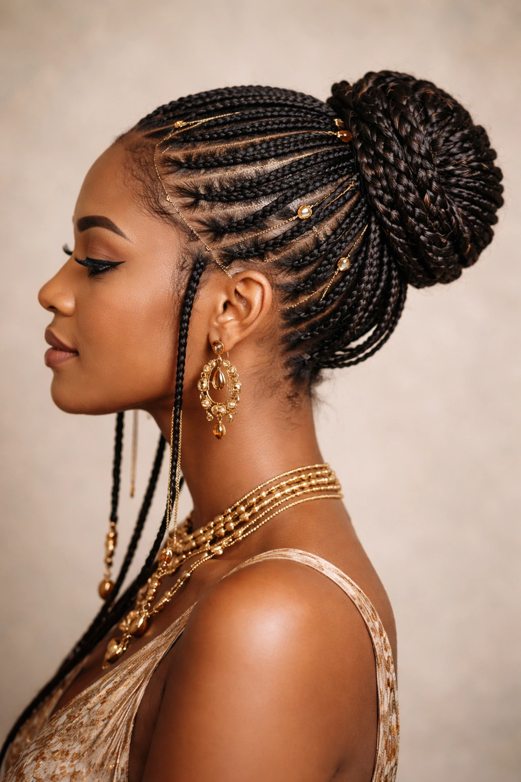 Fulani braids formed into a braided bun at the crown or nape
