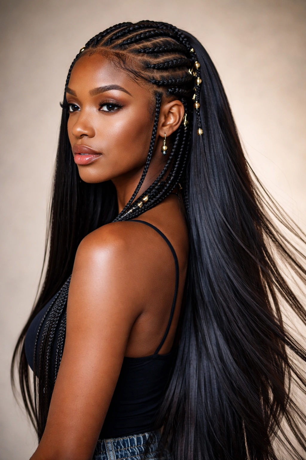 Profile view of Fulani braids with cascading straight extensions, showcasing movement