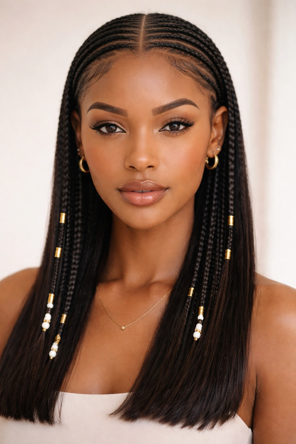 Close-up of classic Fulani braids with a center part on straight hair