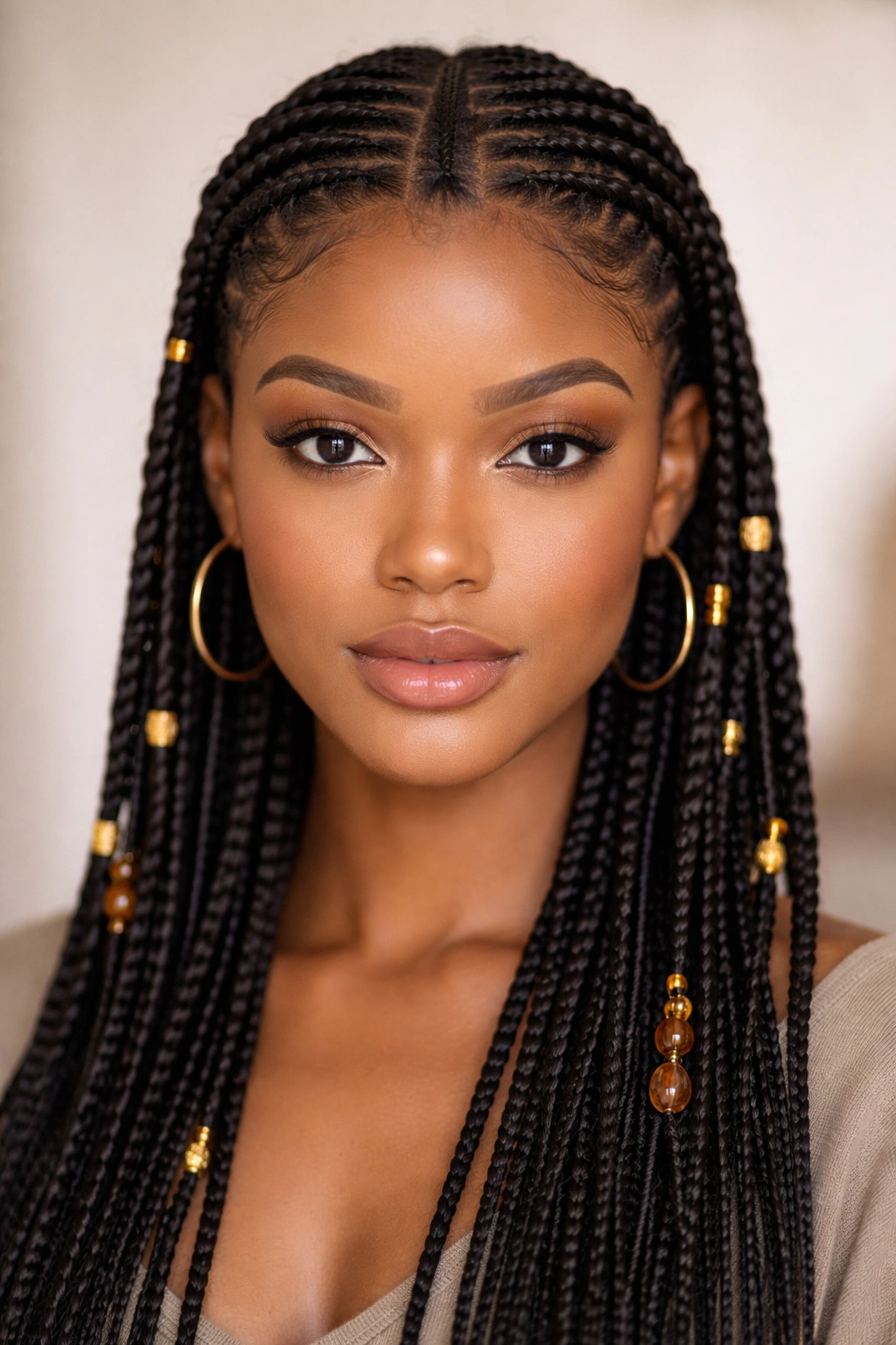 Close-up of classic center-parted Fulani braids with a central thicker braid, studio lighting