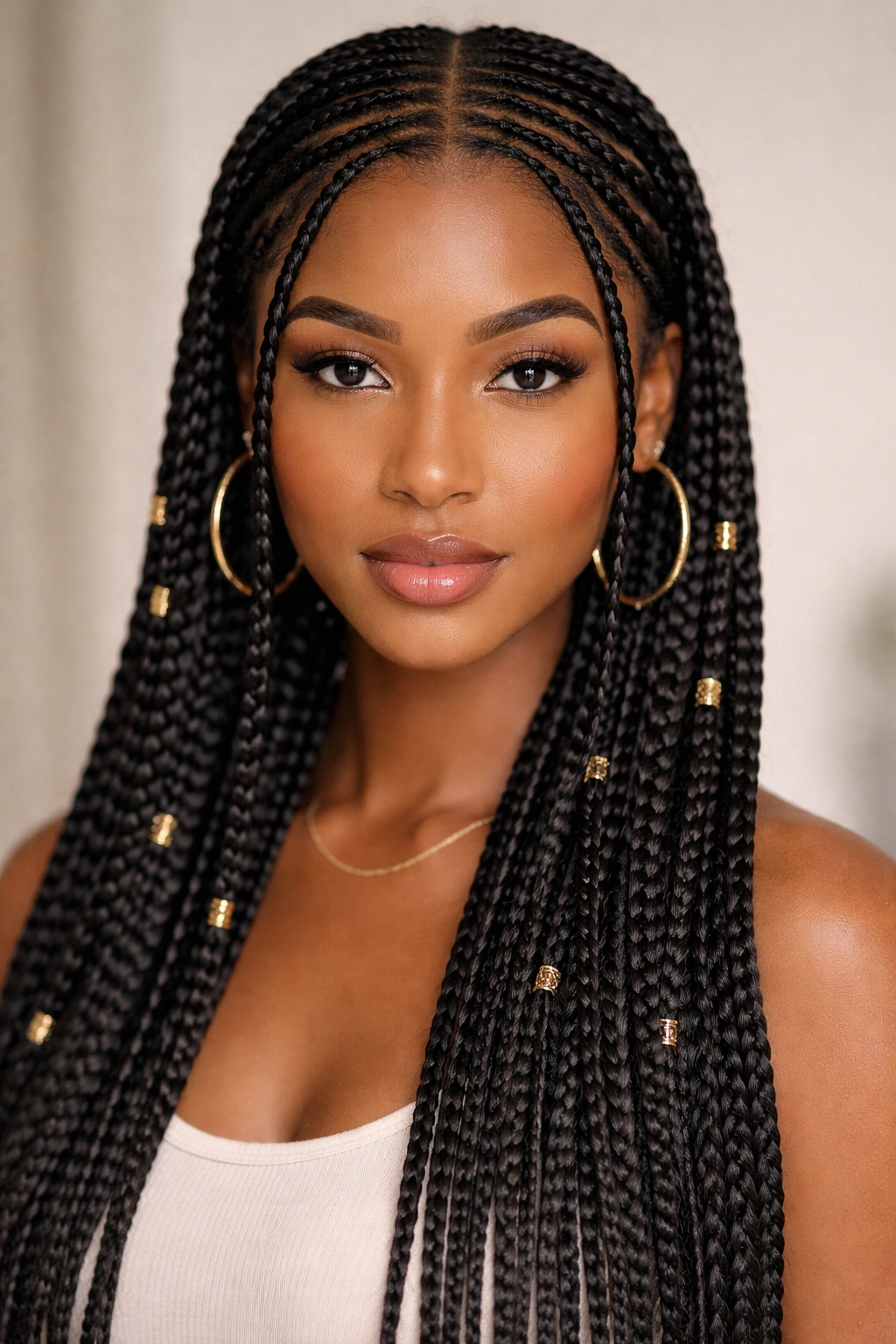 Close-up of classic center-parted Fulani braids framing the face