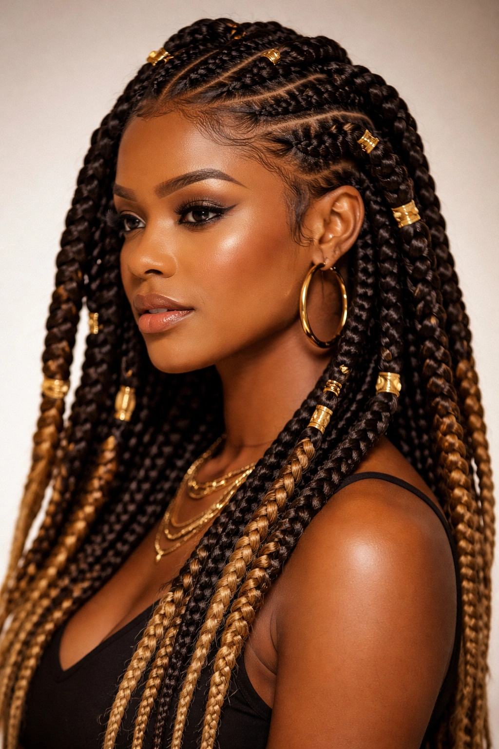 Chunky Fulani braids with a tribal geometric cornrow pattern