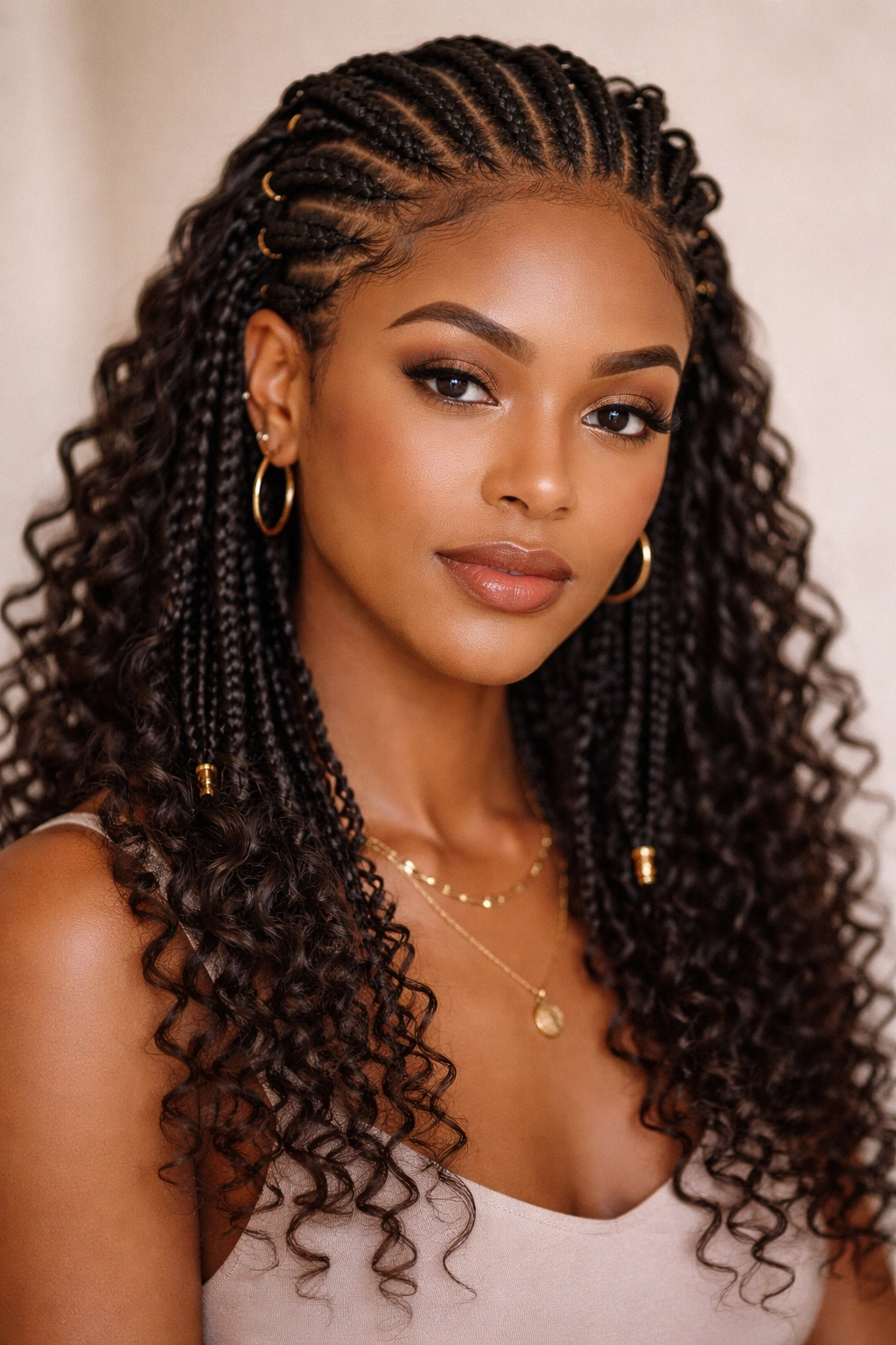 Close-up of classic Fulani braids starting at the hairline with loose ends and natural curls