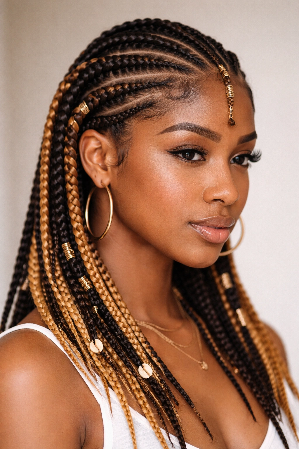 Two-tone Fulani braids on short hair showing color contrast.