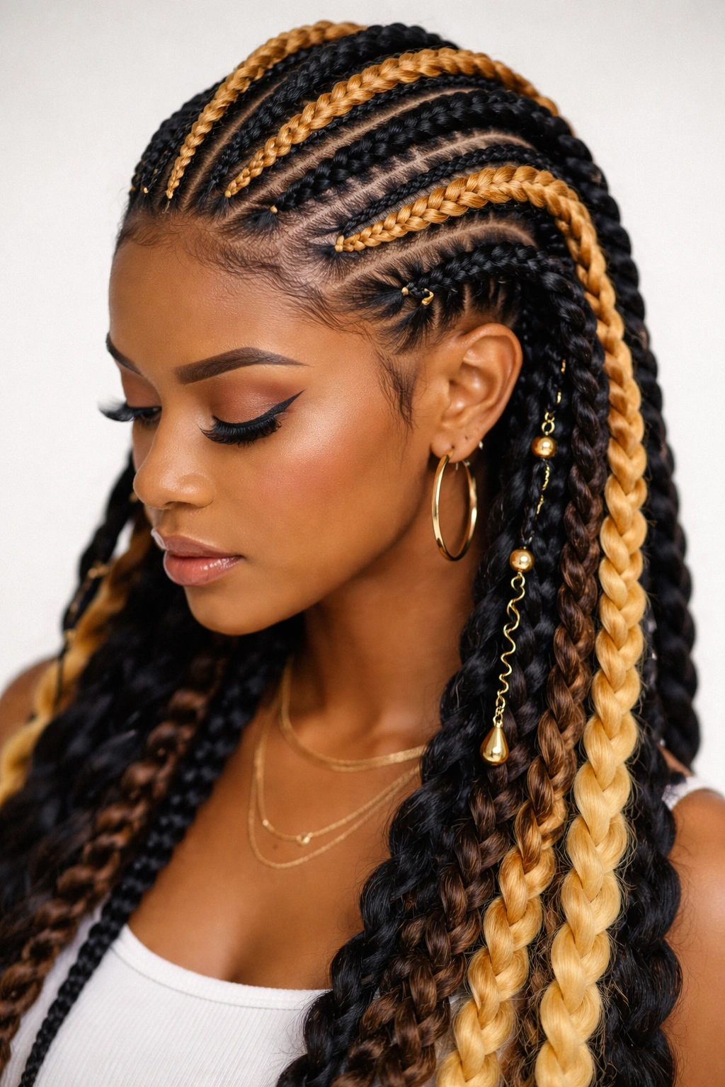 Two-tone Fulani braids in black and honey blonde color blocks