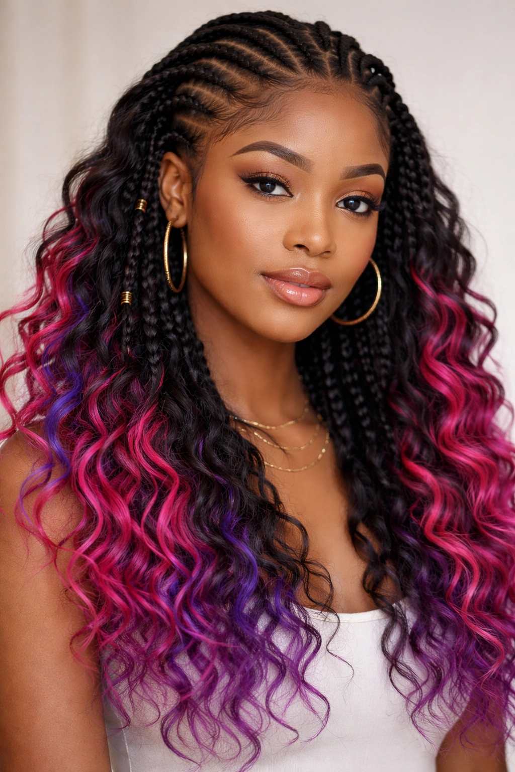 Head-and-shoulders shot of Fulani braids with colored leave-out curls in vibrant hue