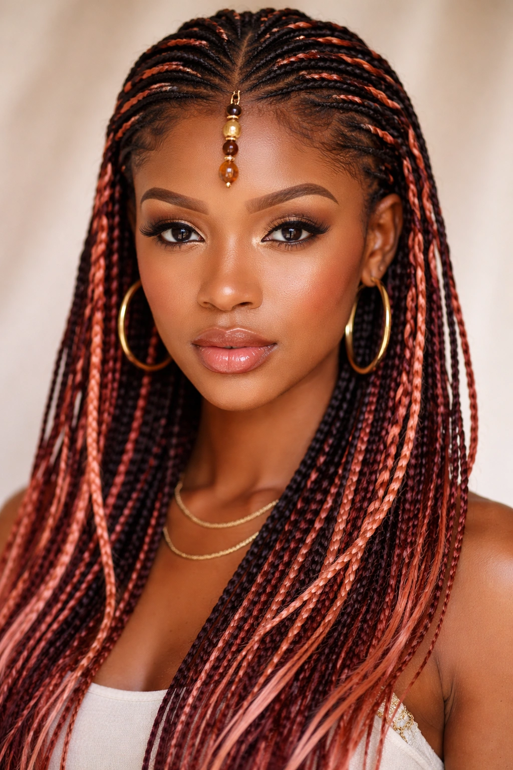 Fulani braids with colored extensions in copper and rose gold tones