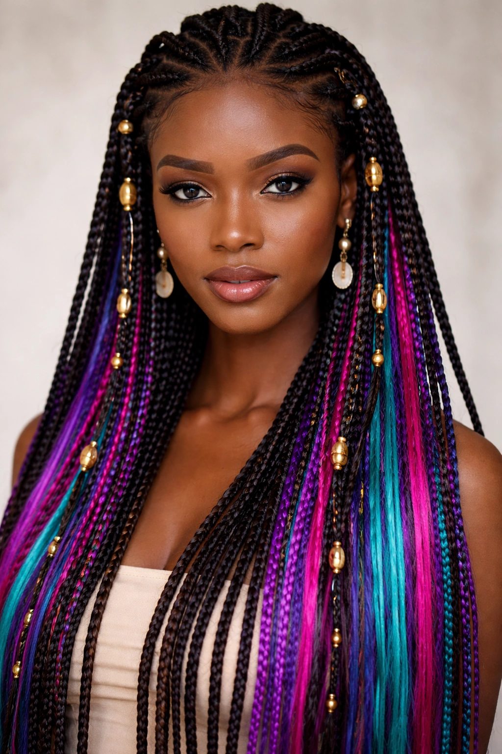 Fulani braids with colored extensions in vibrant hues
