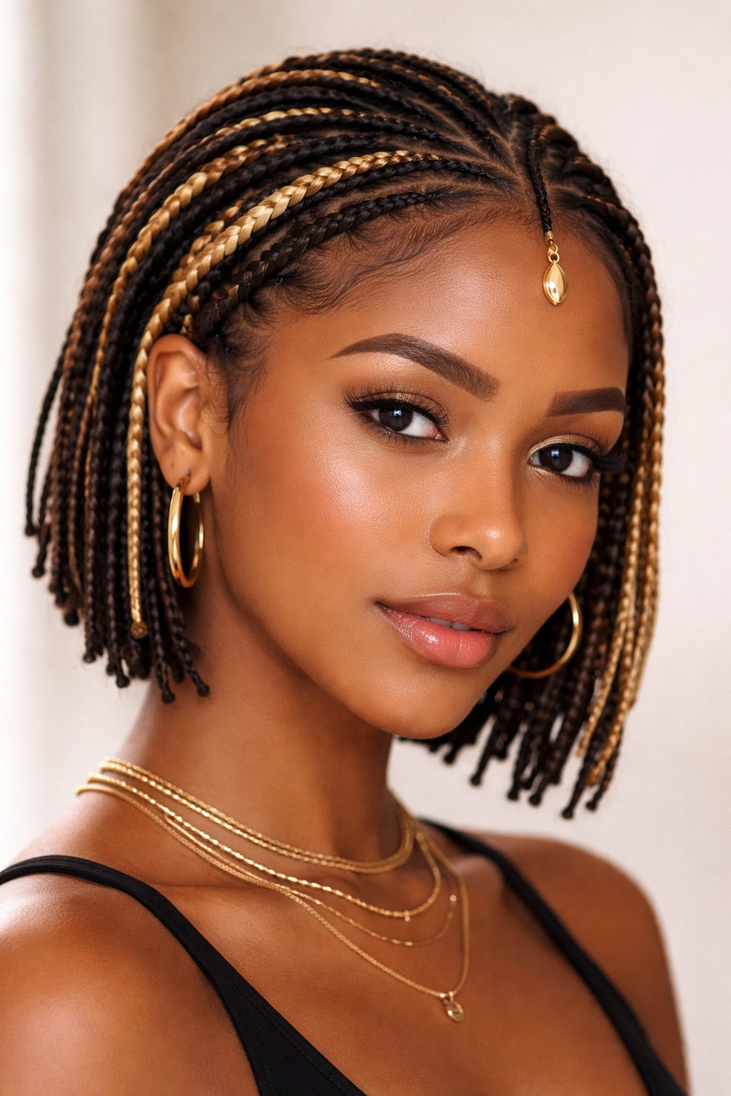 Fulani braids with blonde highlights on short hair