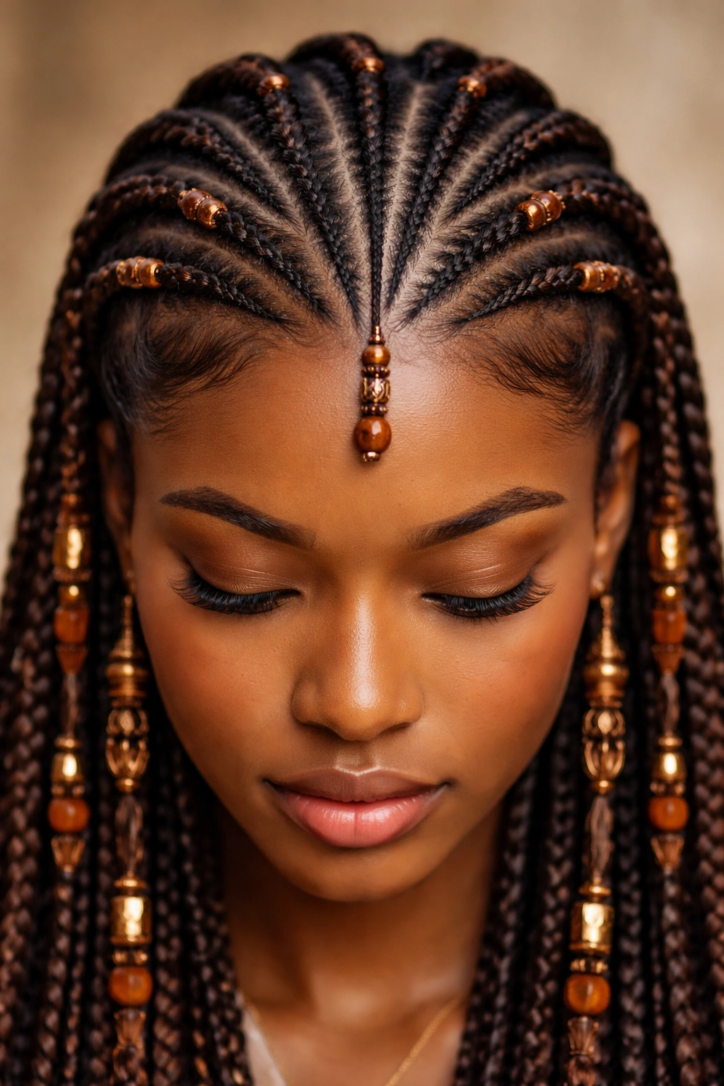 Close-up of Fulani braids with copper cuffs and bronze beads