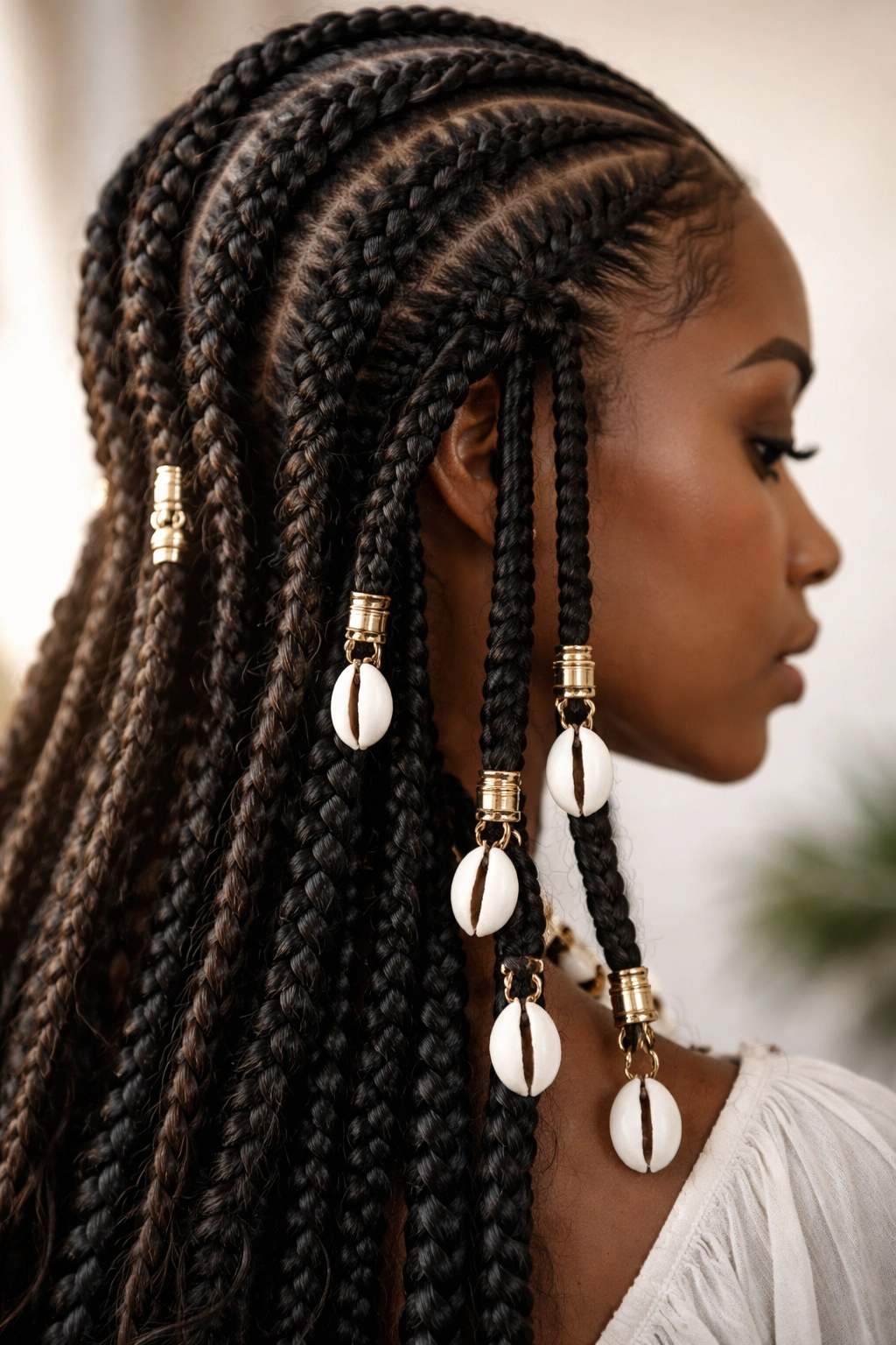 Close-up of Fulani braids with cowrie shells at the ends