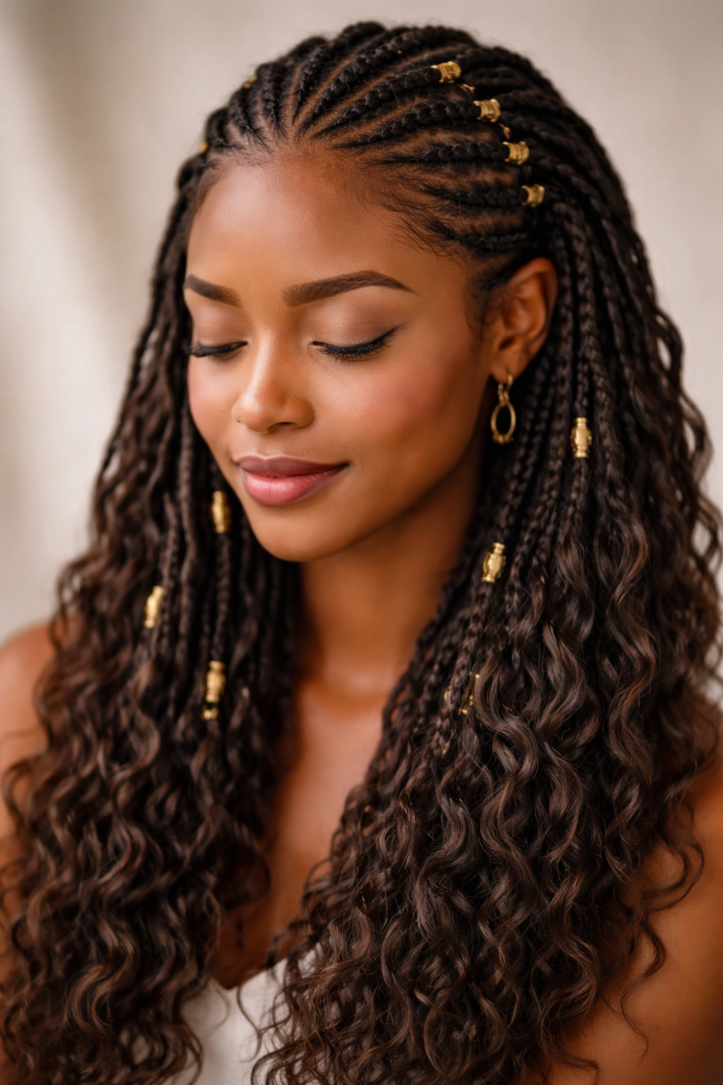 Contemplative portrait of a person with Fulani braids crochet hair in studio lighting