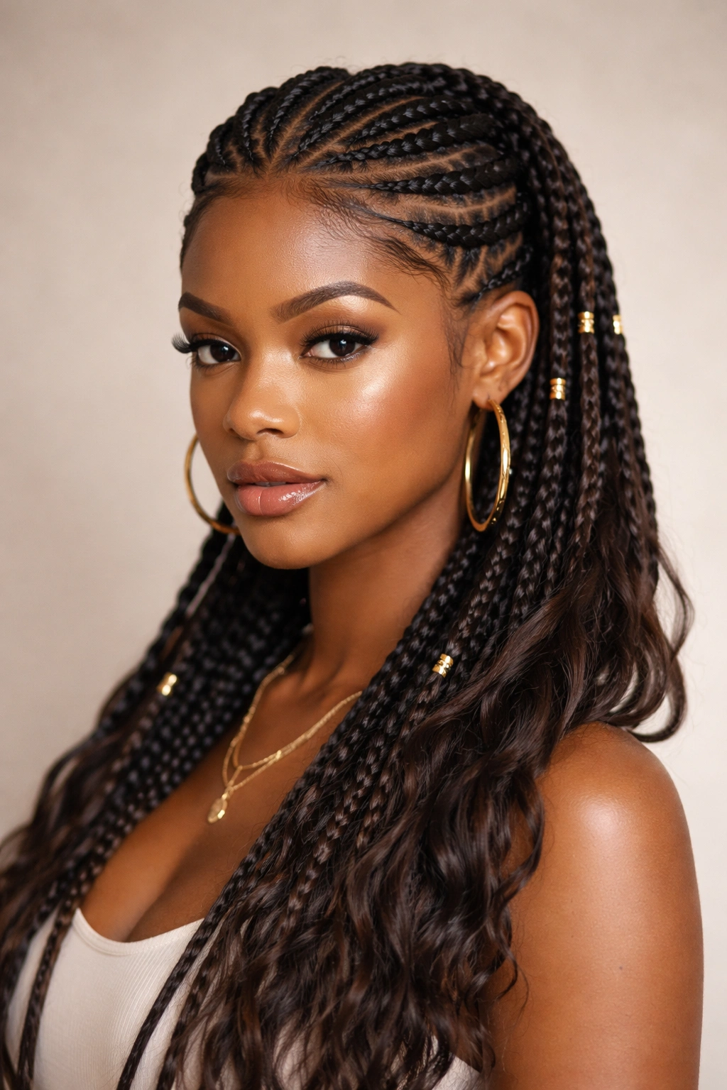 Front crown-like arrangement of Fulani braids pulled from back to front