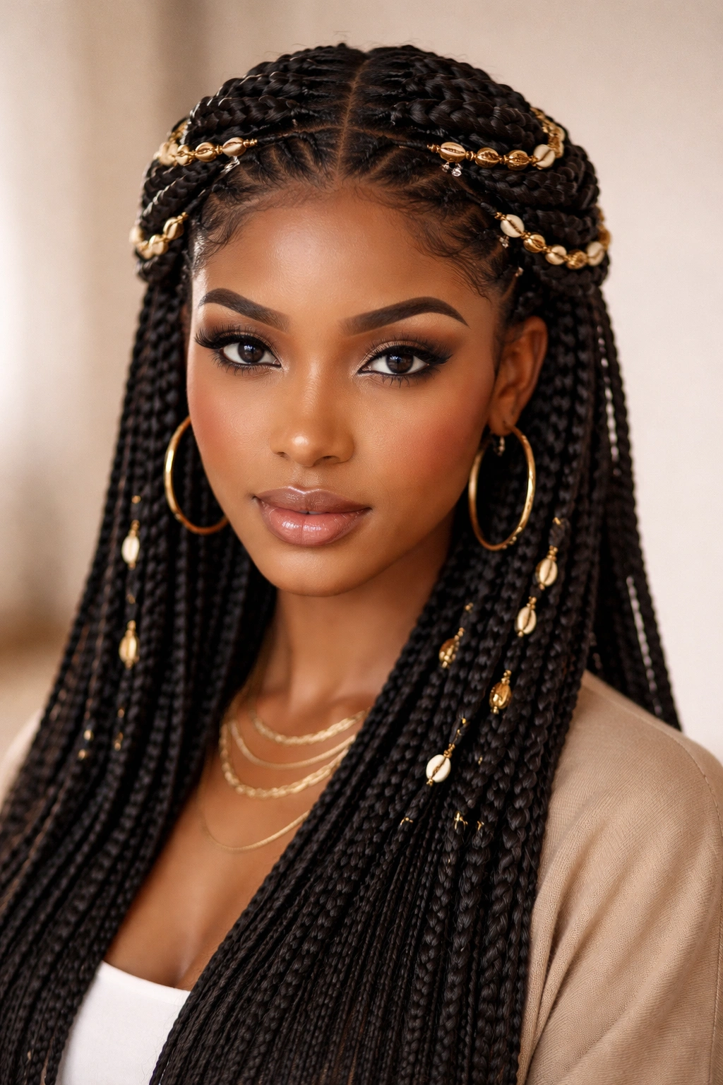 Layered Fulani braids forming a crown around the head