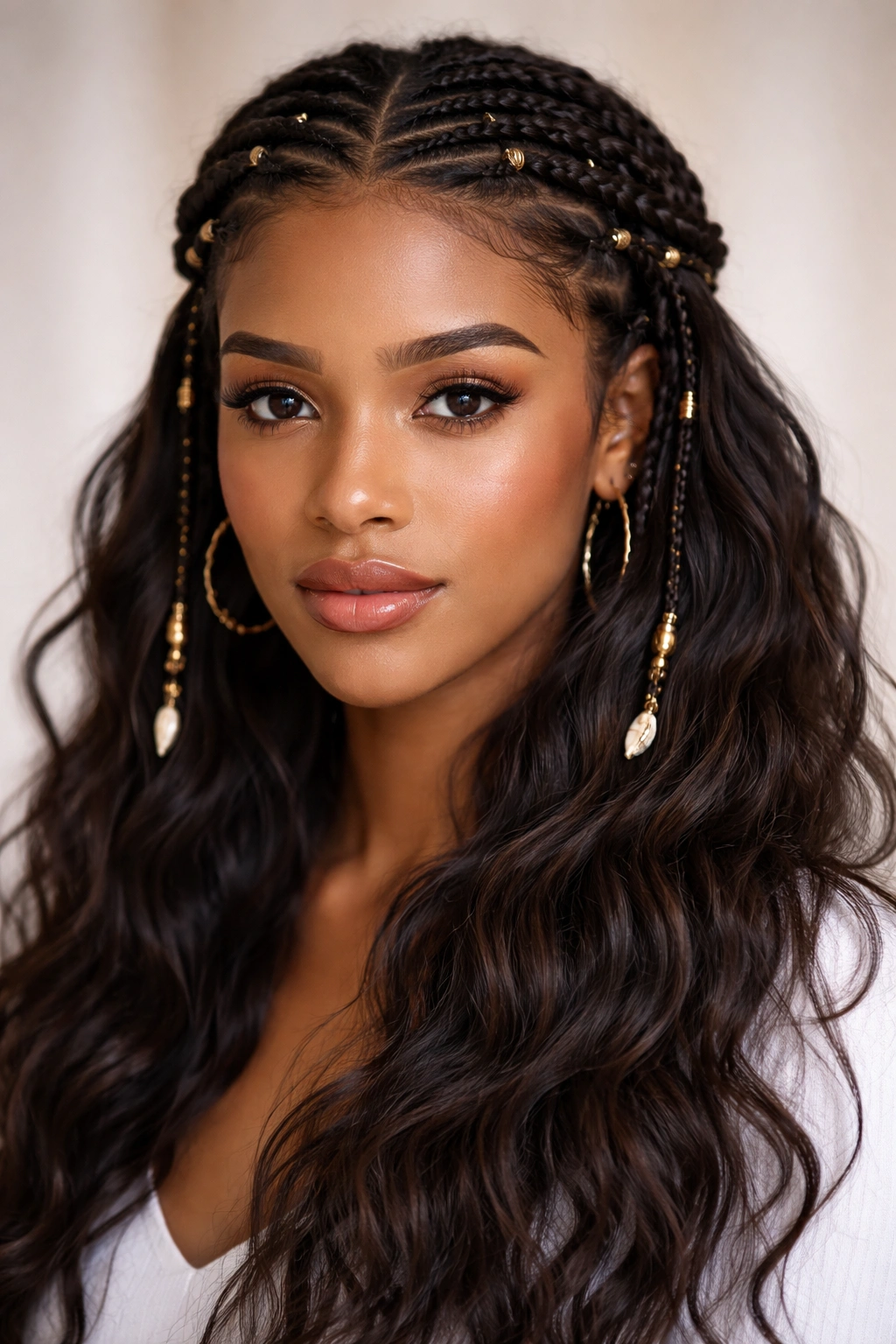 Close-up portrait of crown-style Fulani braids showing side braids and a wavy crown