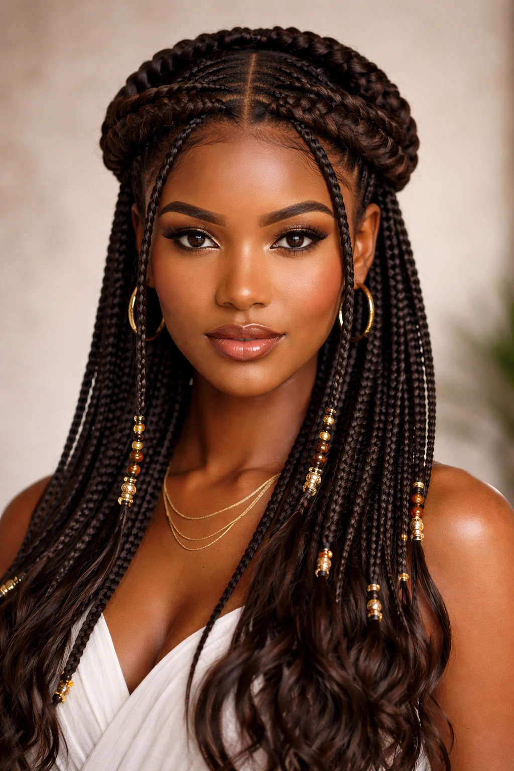 Fulani braids with wrap-around crown detail framing the head