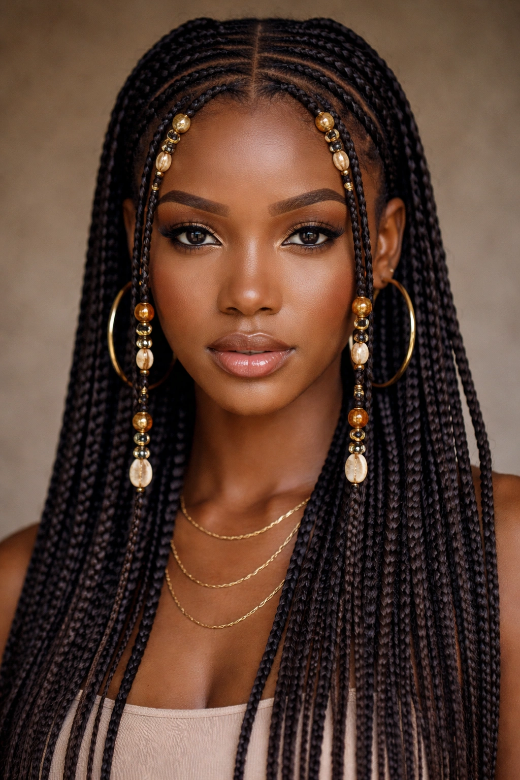 Fulani braids with front crown beads framing the face