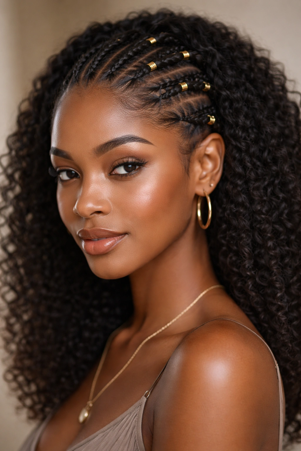 Close-up of Classic Fulani Braids with Gold Cuffs showing thin cornrows and metallic cuffs