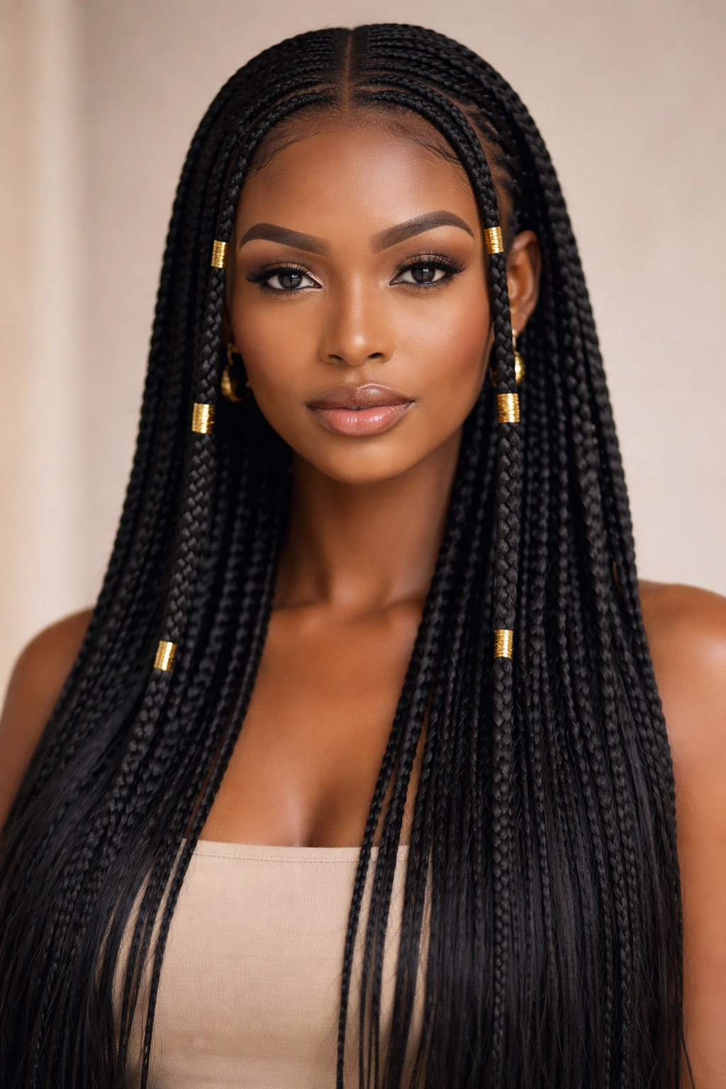 Close-up of classic Fulani braids with center part and gold cuffs