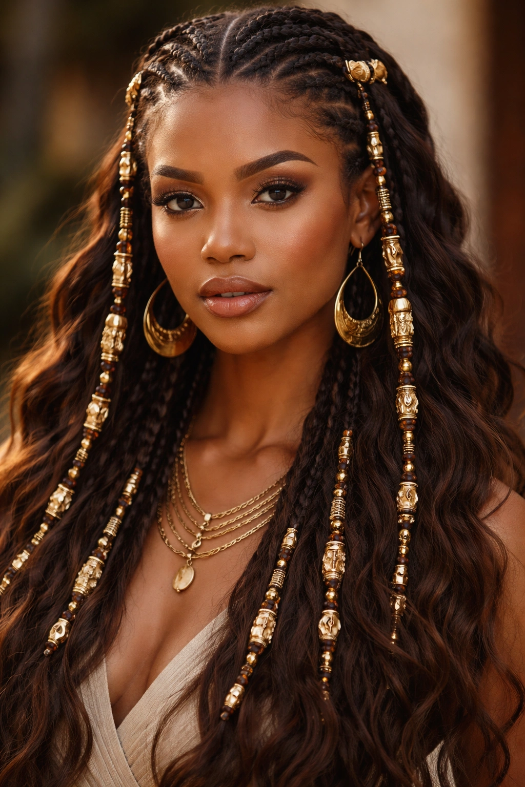 Close-up of Fulani braids with gold cuffs against wavy hair