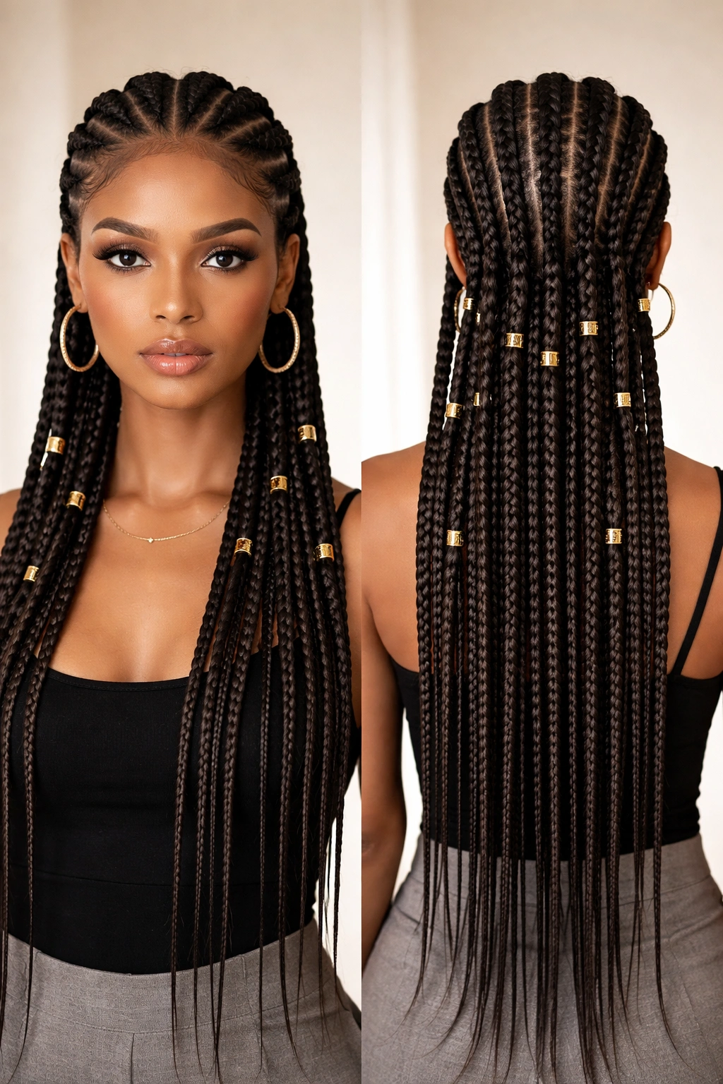 Close-up of classic Fulani braids with gold cuffs down the back