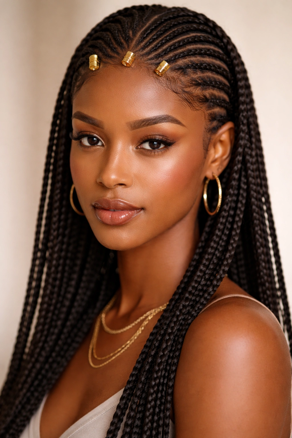 Close-up of Fulani braids with gold cuffs along the hairline, studio lighting.