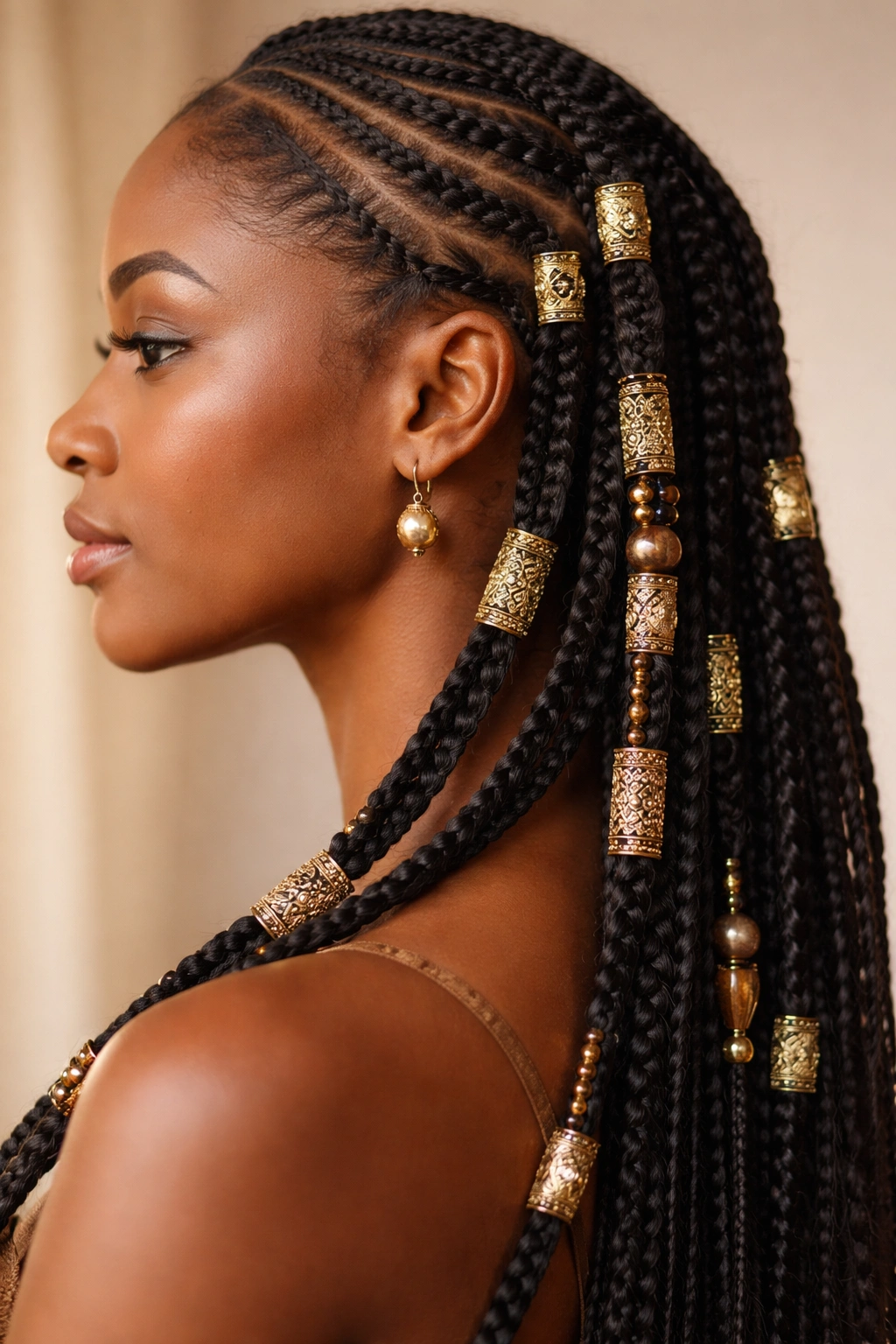 Close-up of Fulani braids with ornamental brass cuffs along the braids